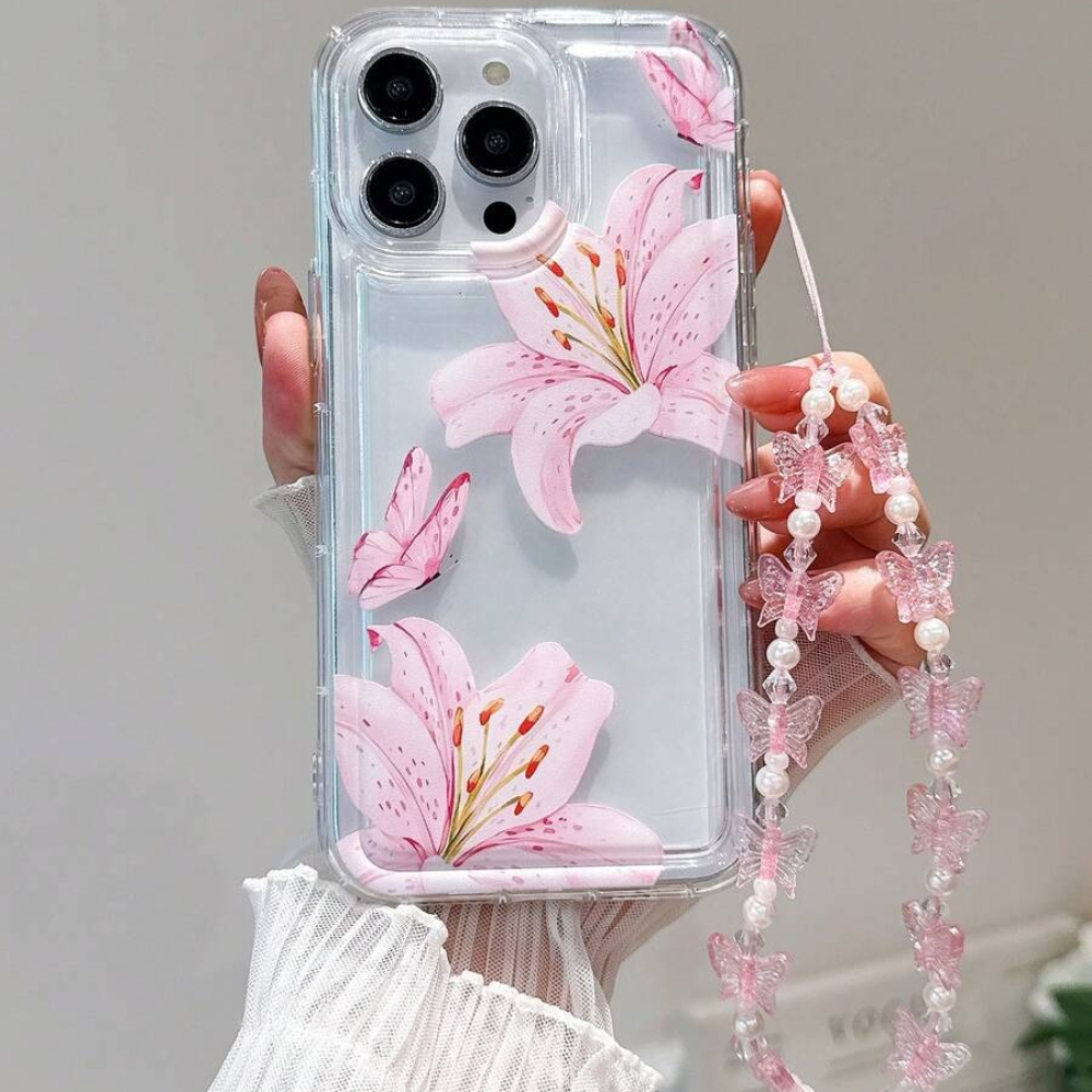 Phone Accessories Case - Sweet Pink Lily Pattern With Lanyard
